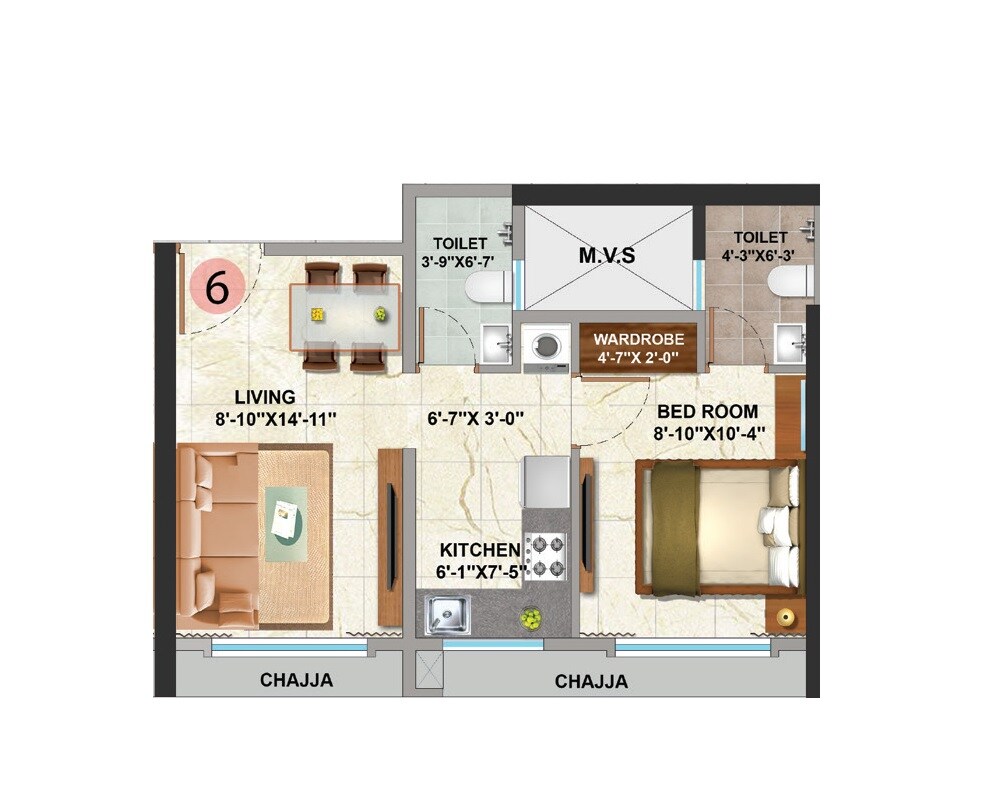 Floor plan of 1 BHK 365 Sq. Ft. Apartment in Sethia Pride, Mumbai