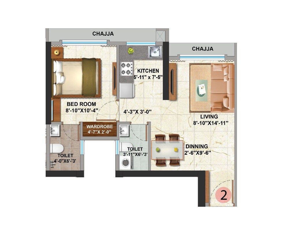 Floor plan of 1 BHK 395 Sq. Ft. Apartment in Sethia Pride, Mumbai