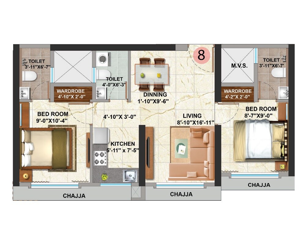 Floor plan of 2 BHK 620 Sq. Ft. Apartment in Sethia Pride, Mumbai