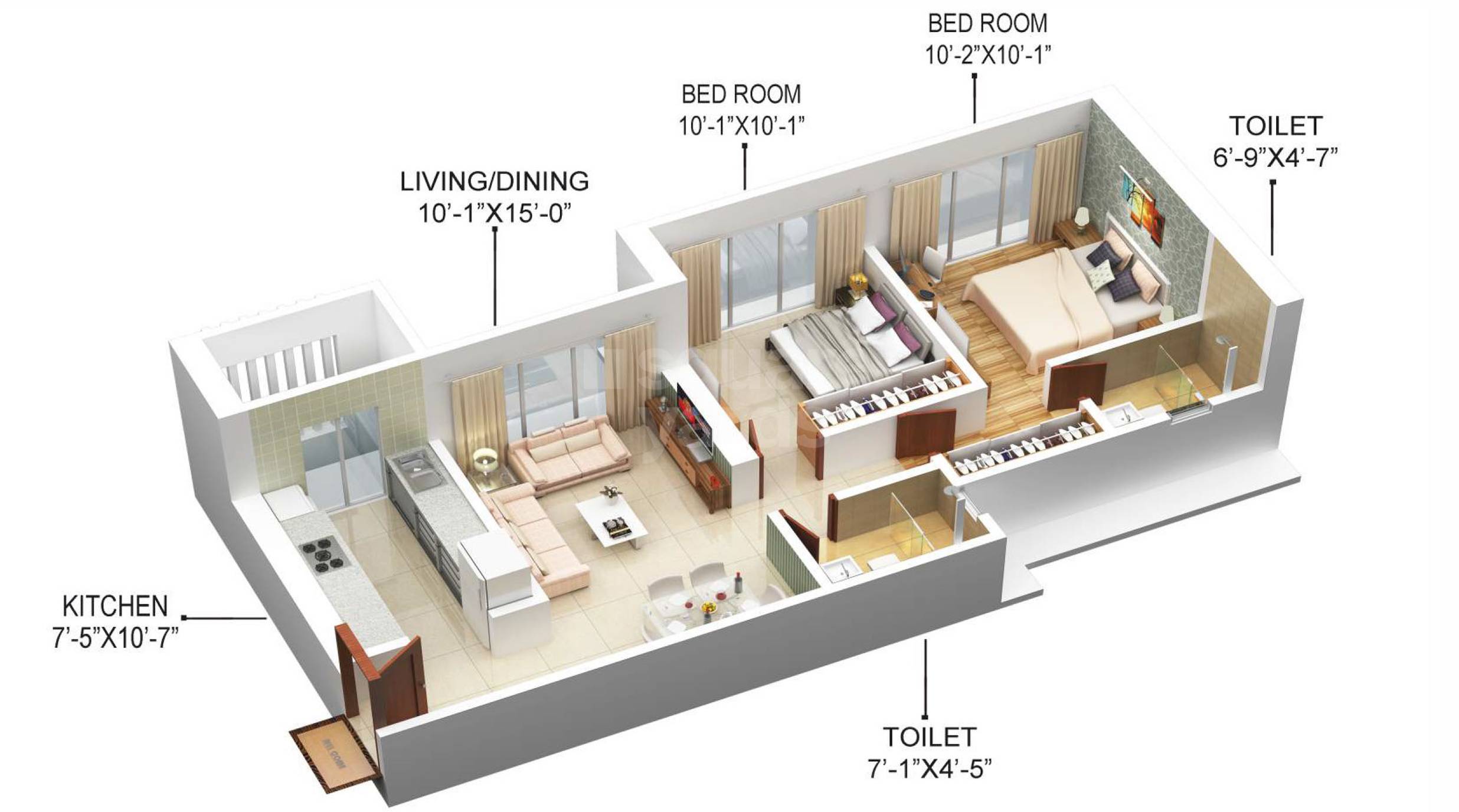 Floor plan of 2 BHK 590 Sq. Ft. Apartment in Sethia Pride, Mumbai