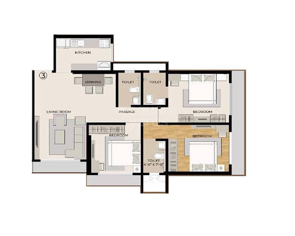 Floor plan of 3 BHK 1050 Sq. Ft. Apartment in Sethia Pride, Mumbai
