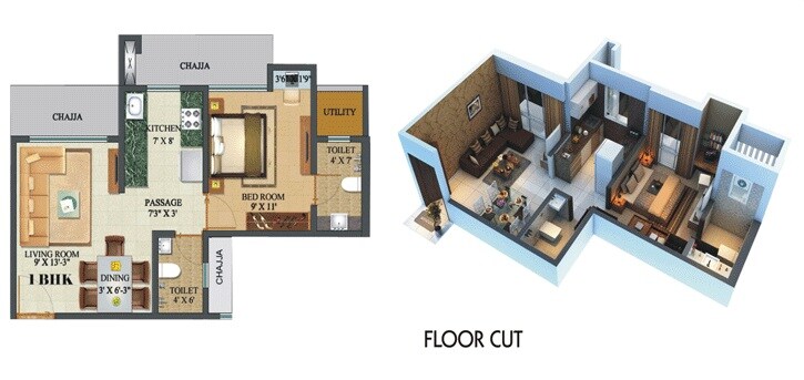 Floor plan of 1 BHK 370 Sq. Ft. Apartment in Sethia Sea View, Mumbai