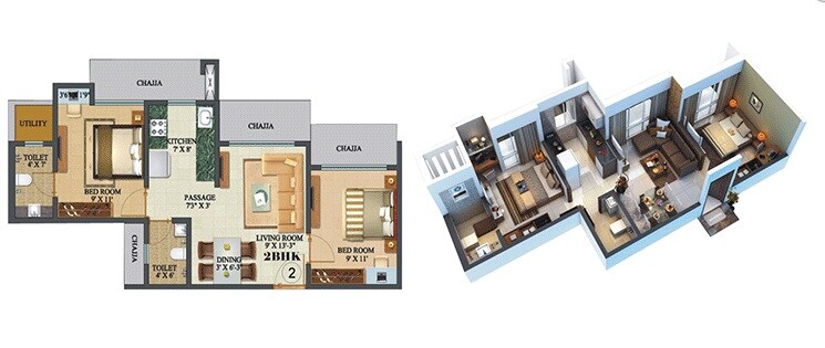 Floor plan of 2 BHK 489 Sq. Ft. Apartment in Sethia Sea View, Mumbai
