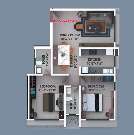Floor plan of 2 BHK 726 Sq. Ft. Apartment in Shagun Residency Vile Parle, Mumbai
