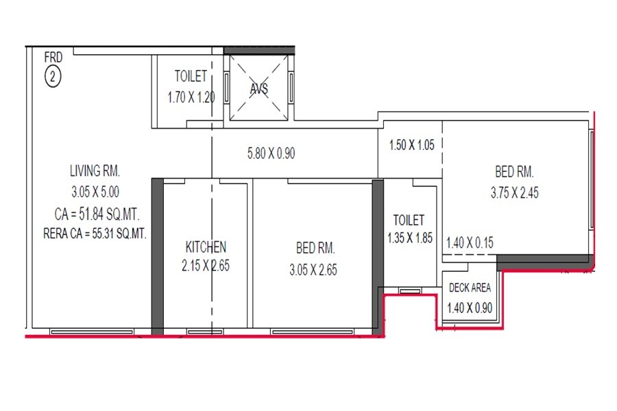 Floor plan of 2 BHK 595 Sq. Ft. Apartment in Shailendra Belfort Bay, Mumbai