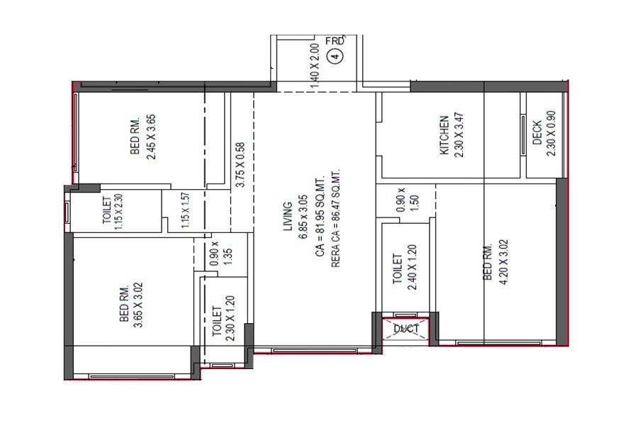 Floor plan of 3 BHK 931 Sq. Ft. Apartment in Shailendra Belfort Bay, Mumbai