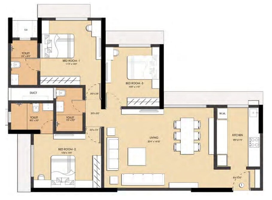 3 BHK 1002 Sq. Ft. Apartment