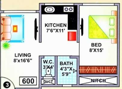 Floor plan of 1 BHK 600 Sq. Ft. Apartment in Shalibhadra Deeplaxmi Tower, Mumbai