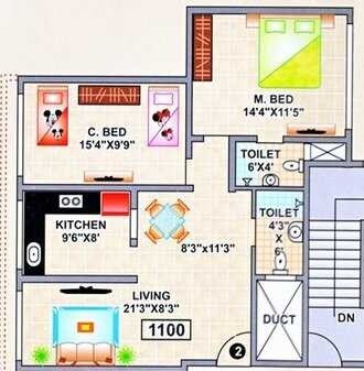 Floor plan of 2 BHK 1100 Sq. Ft. Apartment in Shalibhadra Deeplaxmi Tower, Mumbai