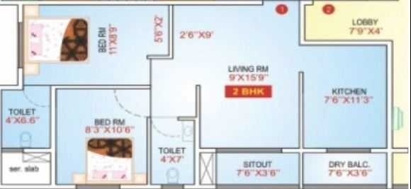 Floor plan of 2 BHK 616 Sq. Ft. Apartment in Shalibhadra Swastik House, Mumbai