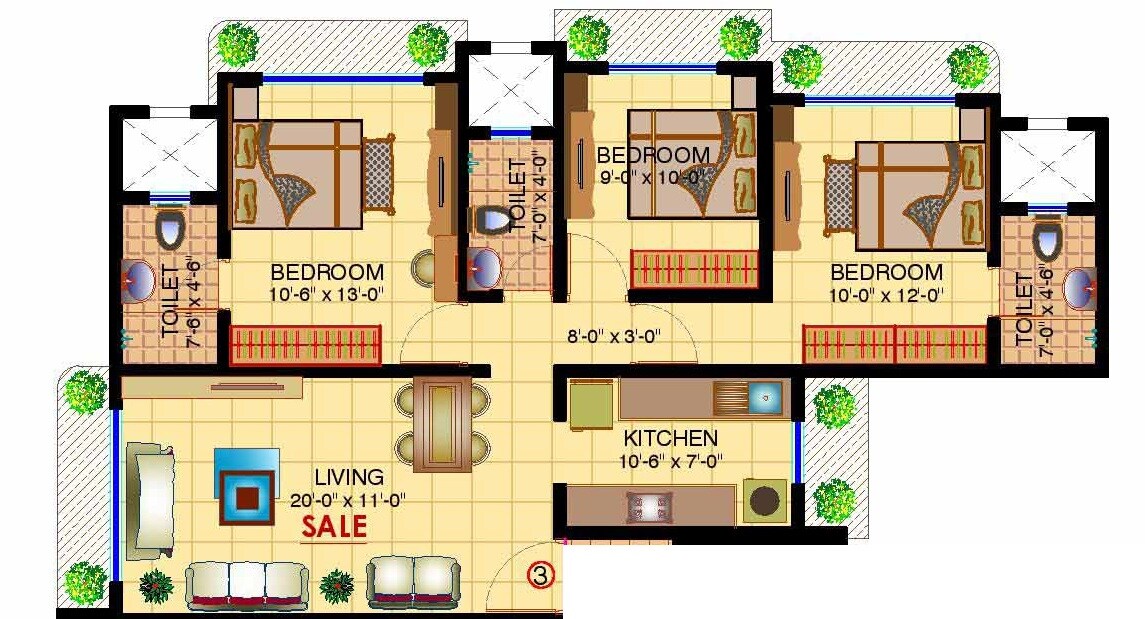 Floor plan of 3 BHK 773 Sq. Ft. Apartment in Shamik Altura, Mumbai