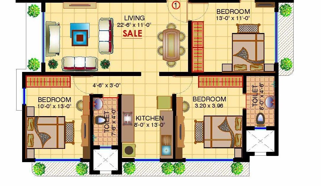 3 BHK 809 Sq. Ft. Apartment