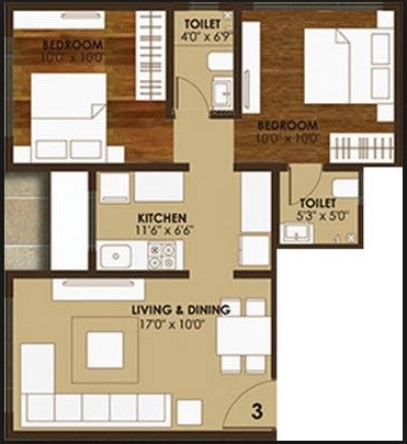 Floor plan of 2 BHK 843 Sq. Ft. Apartment in Shamik Aristo, Mumbai