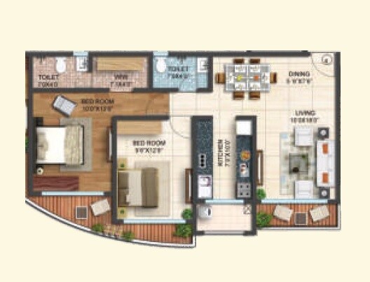 Floor plan of 2 BHK 561 Sq. Ft. Apartment in Shamik Elanza Santacruz, Mumbai