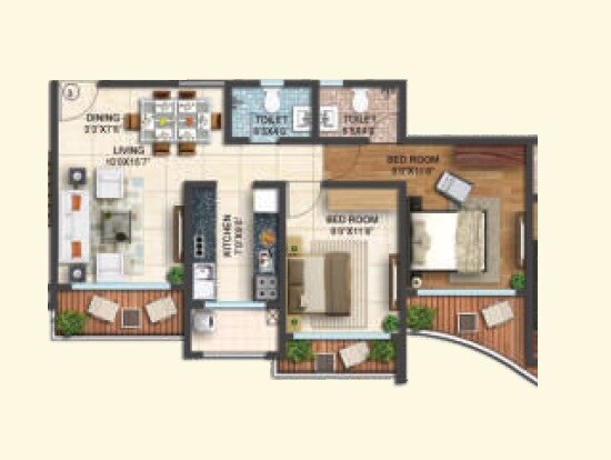 Floor plan of 2 BHK 639 Sq. Ft. Apartment in Shamik Elanza Santacruz, Mumbai