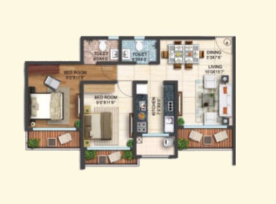 Floor plan of 2 BHK 671 Sq. Ft. Apartment in Shamik Elanza Santacruz, Mumbai