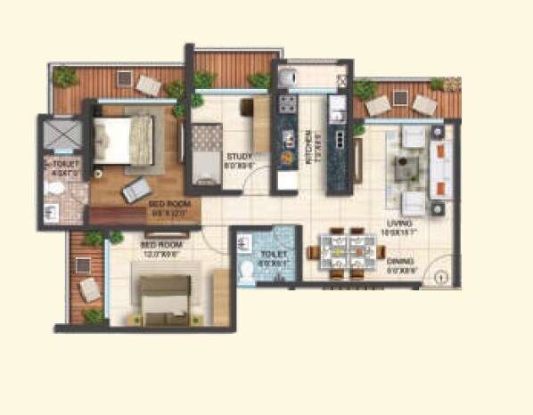 Floor plan of 3 BHK 828 Sq. Ft. Apartment in Shamik Elanza Santacruz, Mumbai