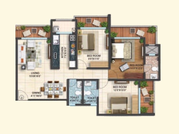 Floor plan of 3 BHK 777 Sq. Ft. Apartment in Shamik Elanza Santacruz, Mumbai