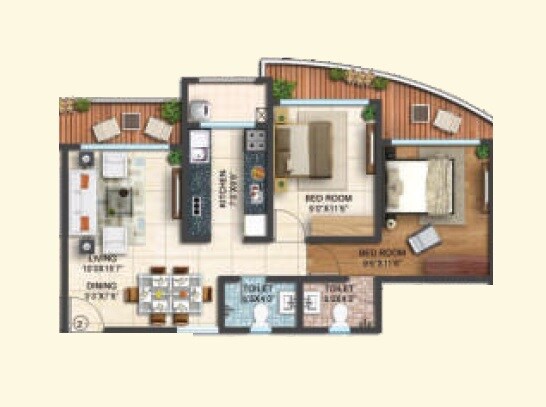 Floor plan of 2 BHK 709 Sq. Ft. Apartment in Shamik Elanza Santacruz, Mumbai