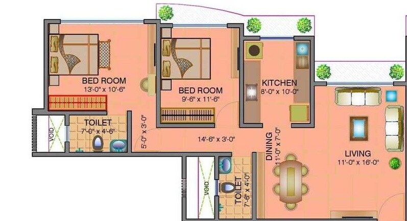 Floor plan of 2 BHK Apartment - 762 sq. ft. in Shamik Elegant, Mumbai