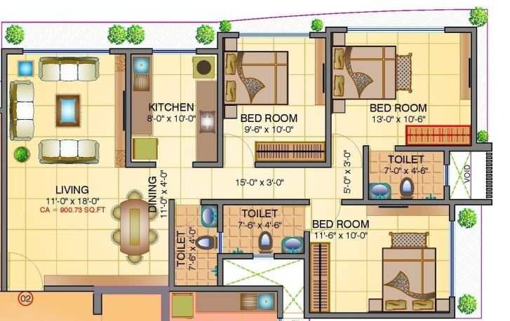 Floor plan of 3 BHK Apartment - 978 sq. ft. in Shamik Elegant, Mumbai
