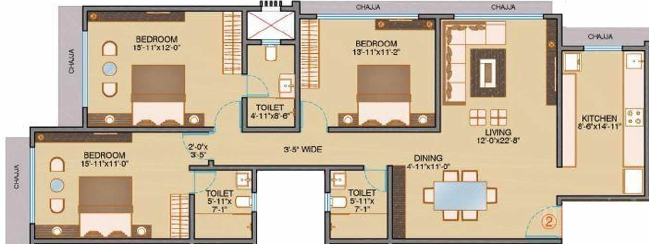 Floor plan of 3 BHK 1180 Sq. Ft. Apartment in Shamik Elite, Mumbai