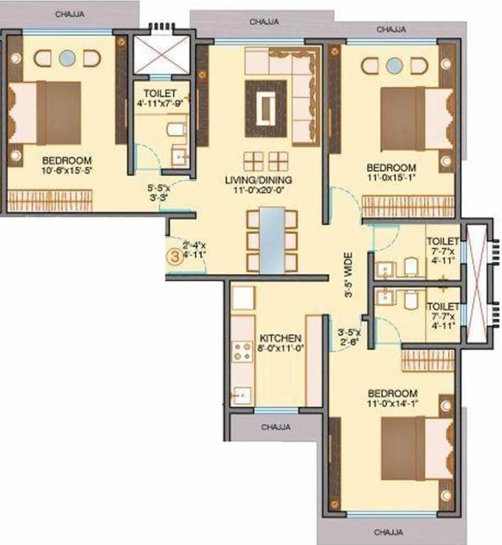 Floor plan of 3 BHK 981 Sq. Ft. Apartment in Shamik Elite, Mumbai