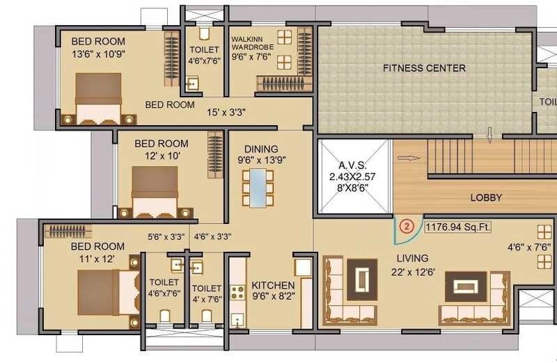 Floor plan of 3 BHK 1177 Sq. Ft. Apartment in Shamik Grace, Mumbai
