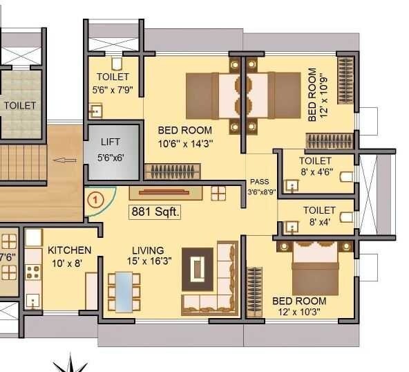 Floor plan of 3 BHK 881 Sq. Ft. Apartment in Shamik Grace, Mumbai