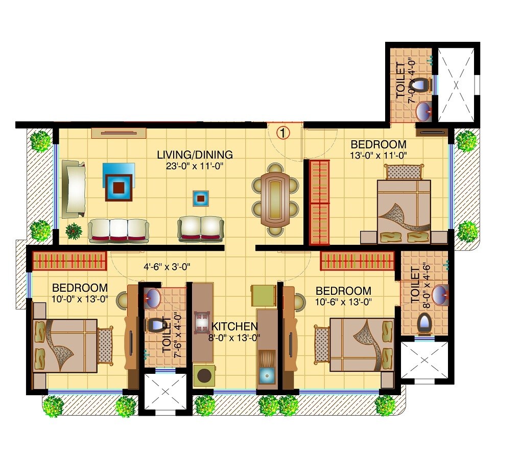 Floor plan of 3 BHK 686 Sq. Ft. Apartment in Shamik Niramaya CHS, Mumbai