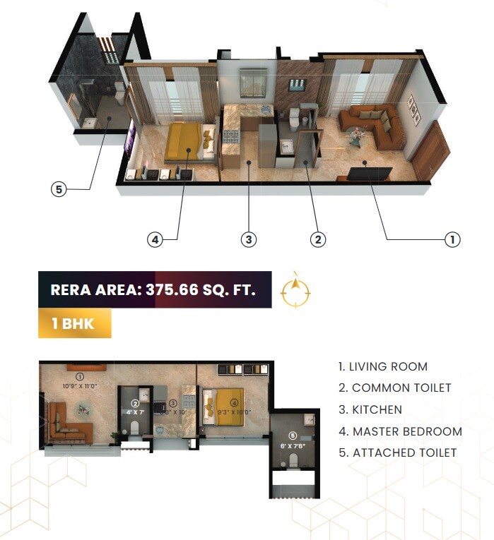 Floor plan of 1 BHK 375 Sq. Ft. Apartment in Shams Devraj Residency, Mumbai