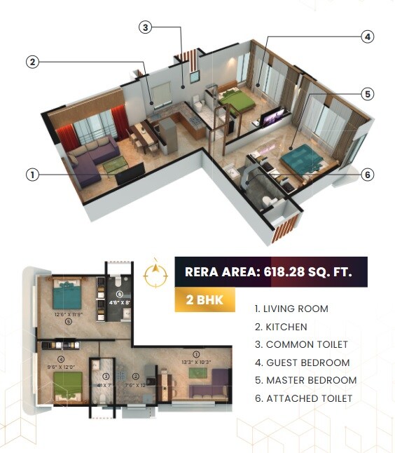 Floor plan of 2 BHK 618 Sq. Ft. Apartment in Shams Devraj Residency, Mumbai