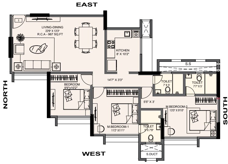 3 BHK 967 Sq. Ft. Apartment
