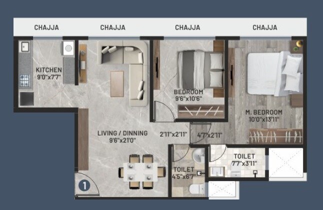 Floor plan of 2 BHK 648 Sq. Ft. Apartment in Shanti Kishan CHS, Mumbai