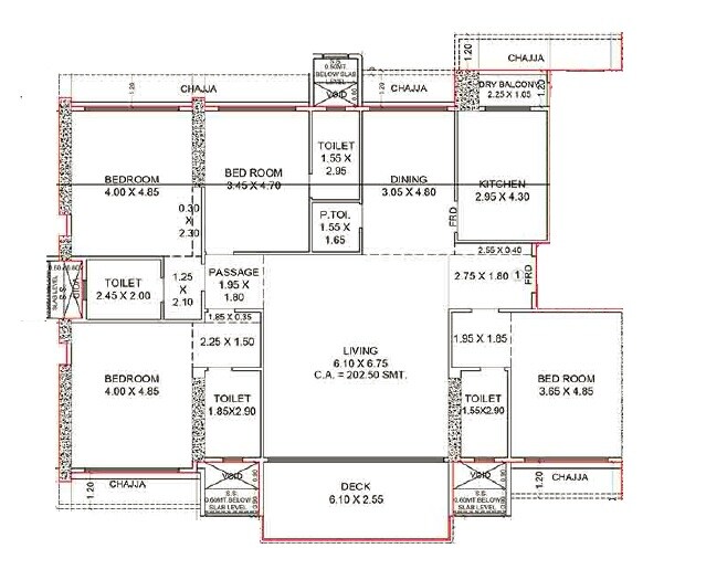 Floor plan of 4 BHK 2278 Sq. Ft. Apartment in Shantiniketan Apartments Matunga, Mumbai