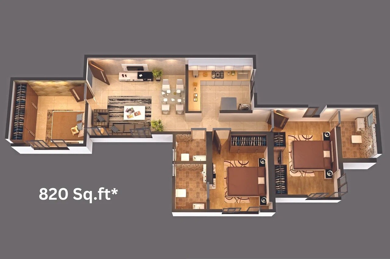 Floor plan of 3 BHK 820 Sq. Ft. Apartment in Shantprabha CHS, Mumbai