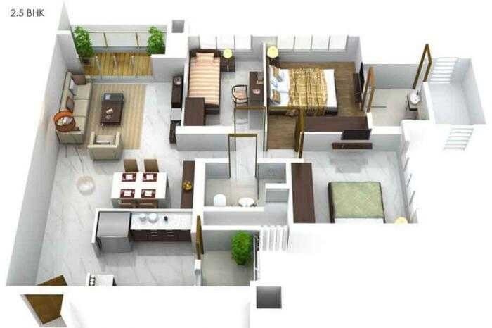 Floor plan of 3 BHK 768 Sq. Ft. Apartment in Shapoorji Pallonji Alpine, Mumbai