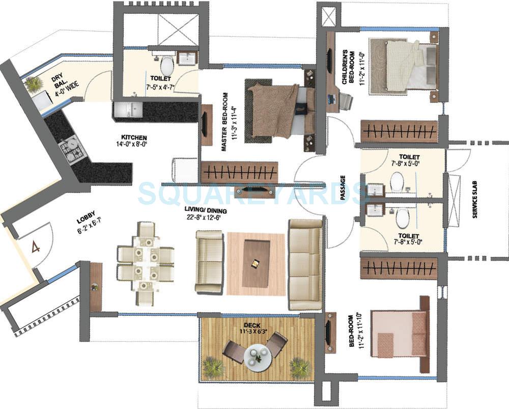 Floor plan of 3 BHK 1047 Sq. Ft. Apartment in Shapoorji Pallonji Alpine, Mumbai