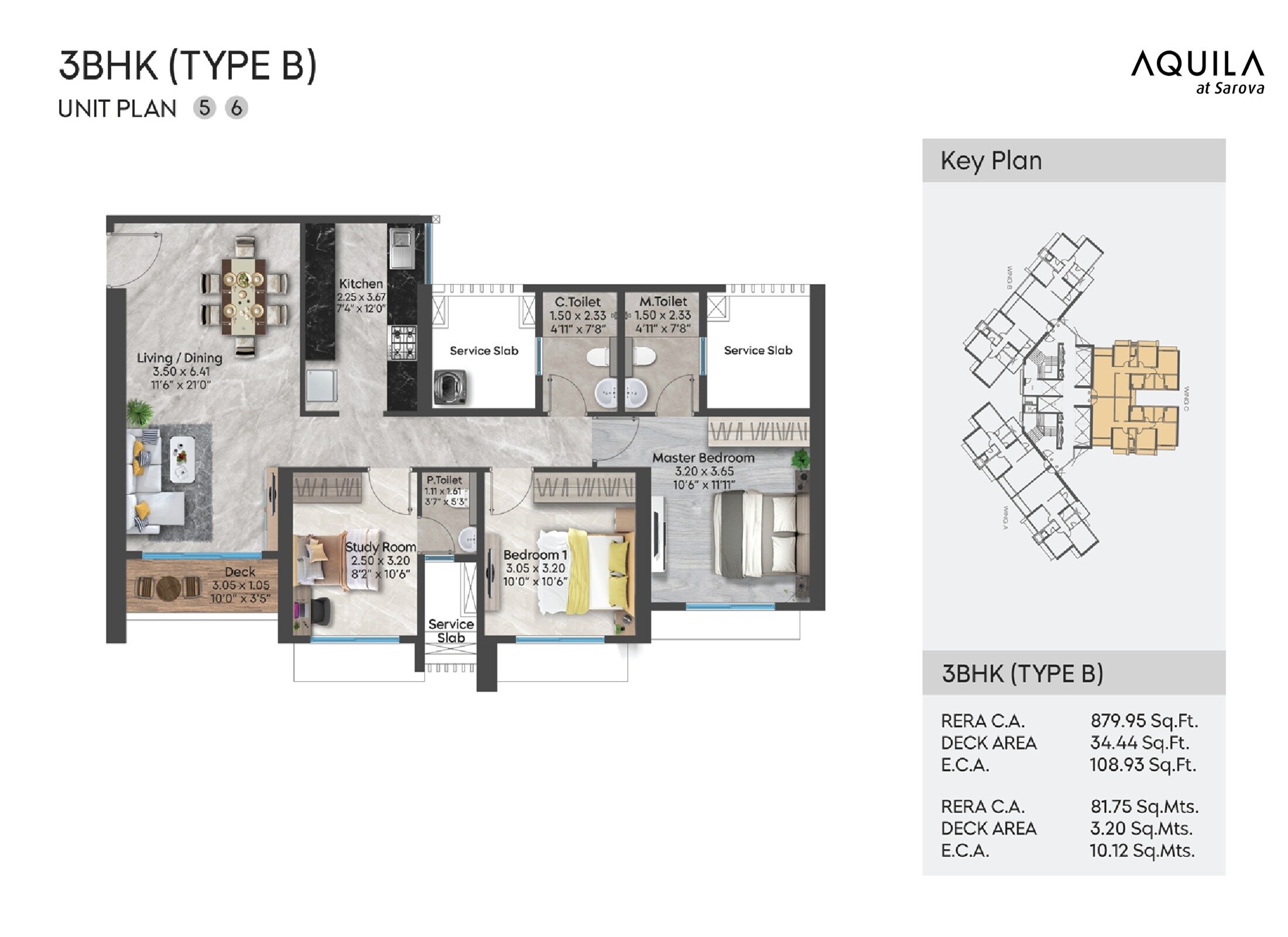 Floor plan of 3 BHK 1023 Sq. Ft. Apartment in Shapoorji Pallonji Aquila, Mumbai
