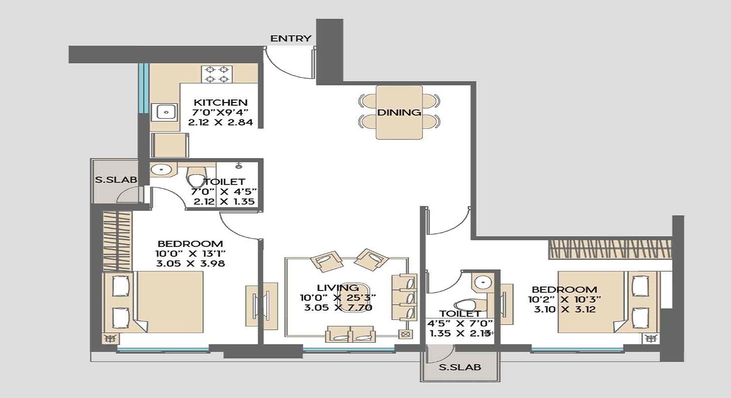 Floor plan of 2 BHK 763 Sq. Ft. Apartment in Shapoorji Pallonji Astron, Mumbai