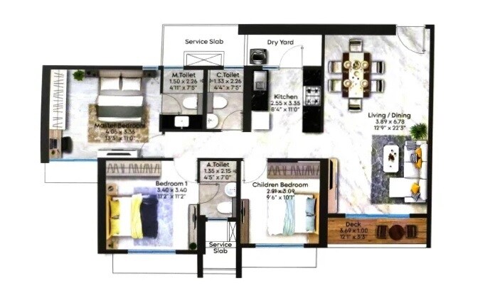 Floor plan of 3 BHK 1071 Sq. Ft. Apartment in Shapoorji Pallonji Astron, Mumbai