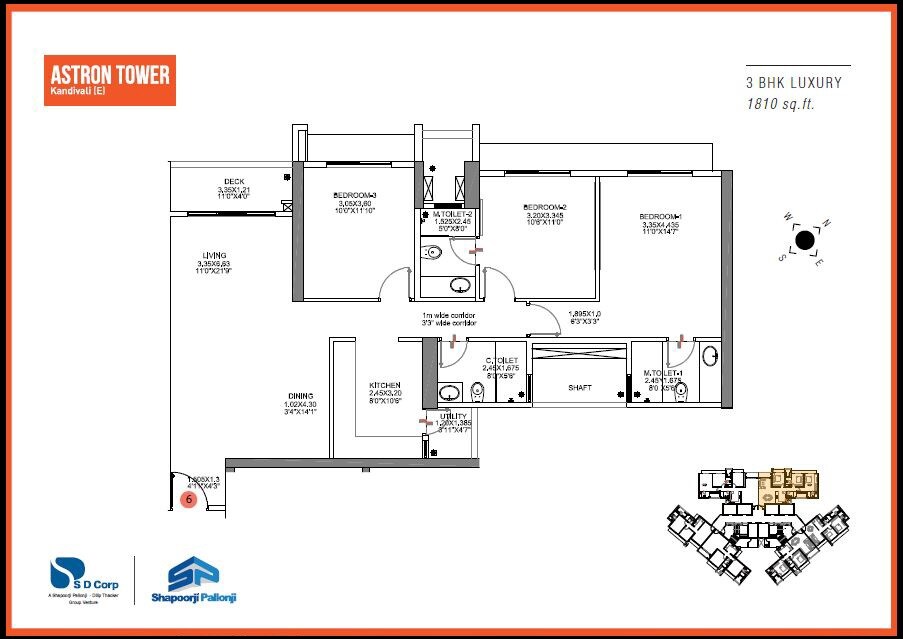 Floor plan of 3 BHK 1110 Sq. Ft. Apartment in Shapoorji Pallonji Astron, Mumbai