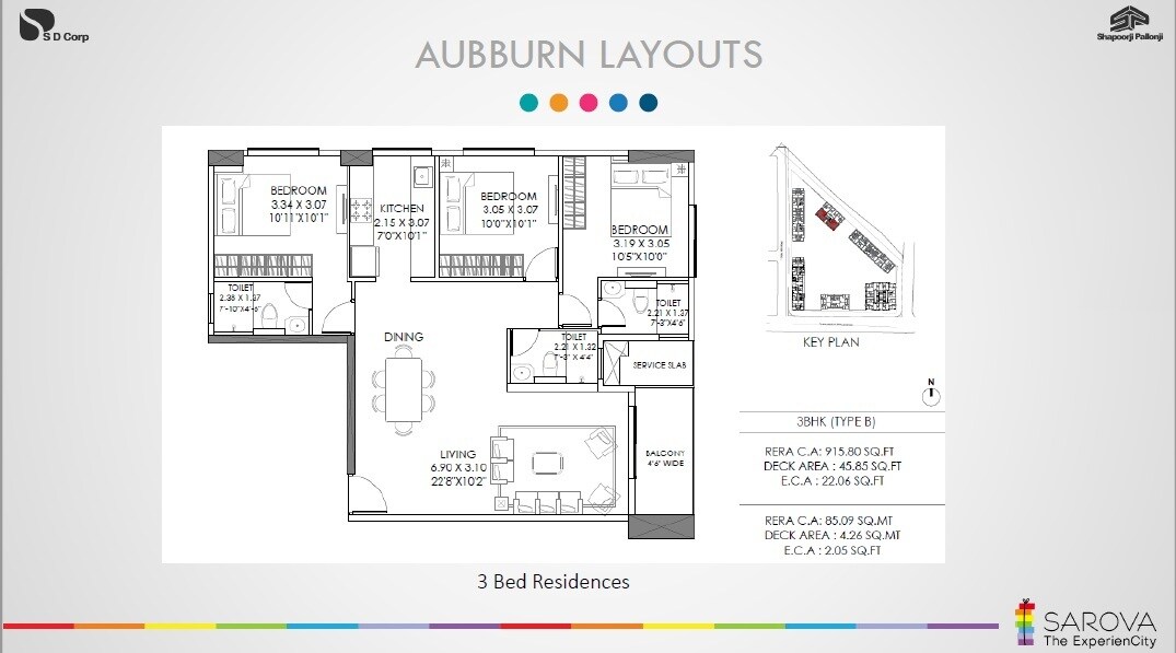 Floor plan of 3 BHK 915 Sq. Ft. Apartment in Shapoorji Pallonji Aubburn, Mumbai