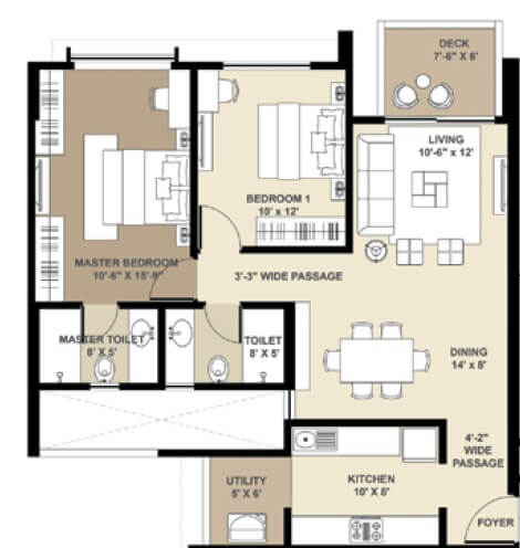 Floor plan of 2 BHK 888 Sq. Ft. Apartment in Shapoorji Pallonji Vicinia, Mumbai