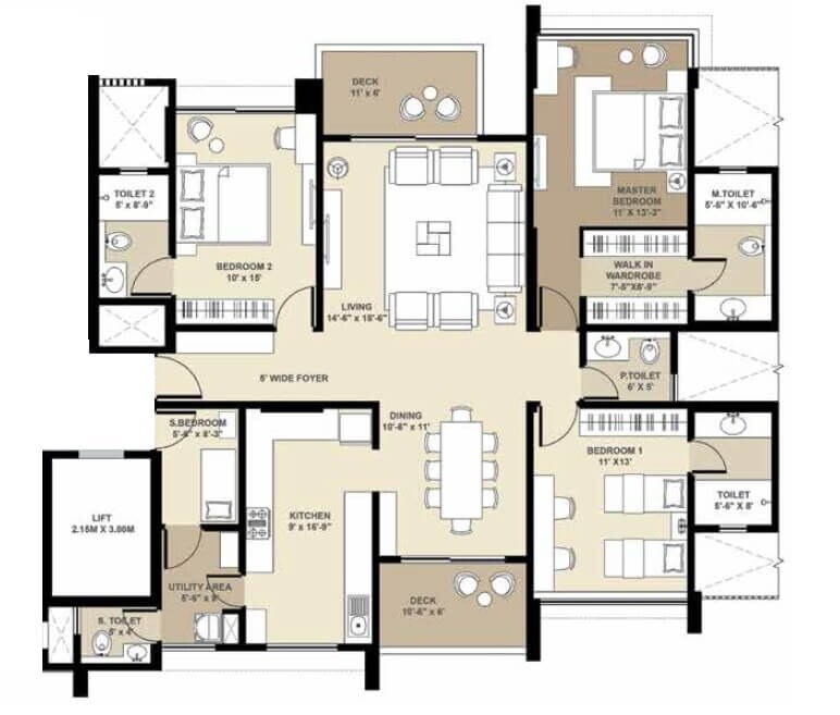 Floor plan of 3 BHK 1645 Sq. Ft. Apartment in Shapoorji Pallonji Vicinia, Mumbai