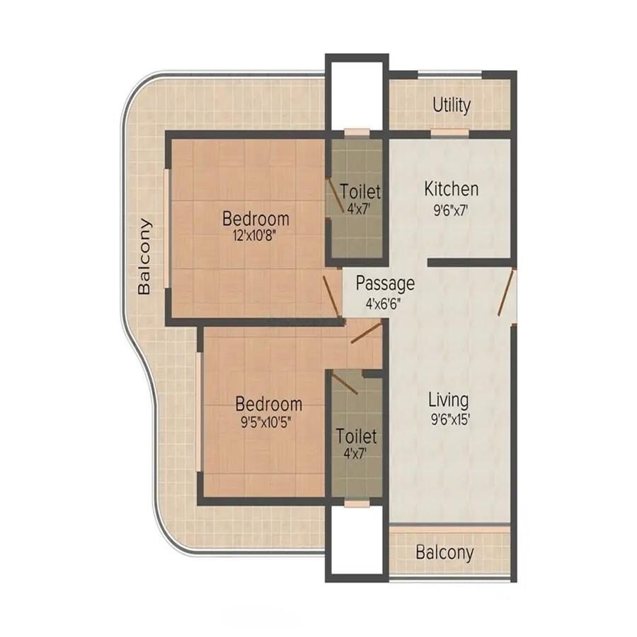 Floor plan of 2 BHK 1070 Sq. Ft. Apartment in SHDC Solitaire Heights 3, Mumbai