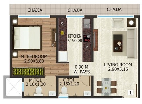 Floor plan of 1 BHK 319 Sq. Ft. Apartment in Sheetal Kund, Mumbai