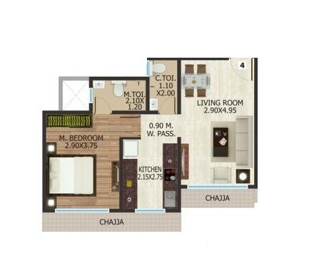 Floor plan of 1 BHK 416 Sq. Ft. Apartment in Sheetal Kund, Mumbai
