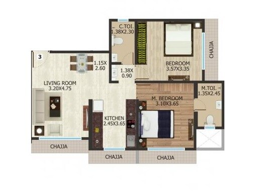 Floor plan of 2 BHK 584 Sq. Ft. Apartment in Sheetal Kund, Mumbai