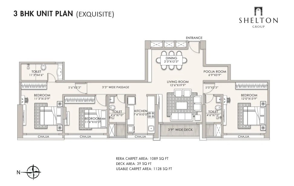 Floor plan of 3 BHK 1089 Sq. Ft. Apartment in Shelton Elite, Mumbai